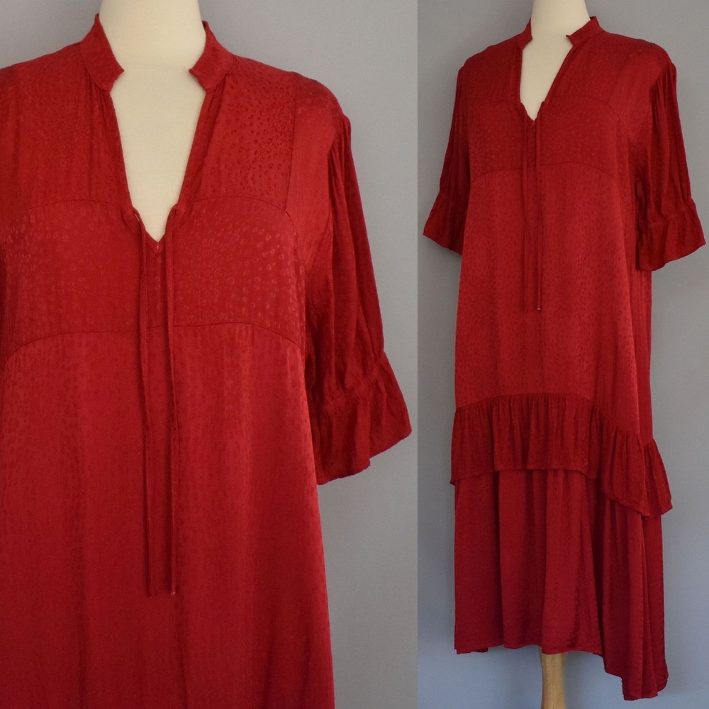 LaCausa Red Dress Rayon Jacquard Tiered Ruffle L